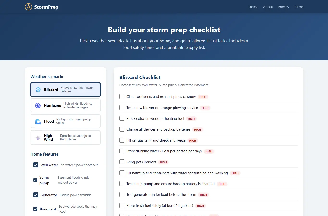 Screenshot of StormPrep: Severe Weather Home Readiness Kit interface showing the project page in use